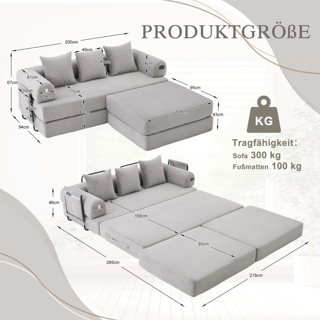 Divano modulare con pouf - Zephmum- Telaio metallico robusto, cuscini comodi, imbottitura extra spessa, combinabile liberamente, colore grigio chiaro
