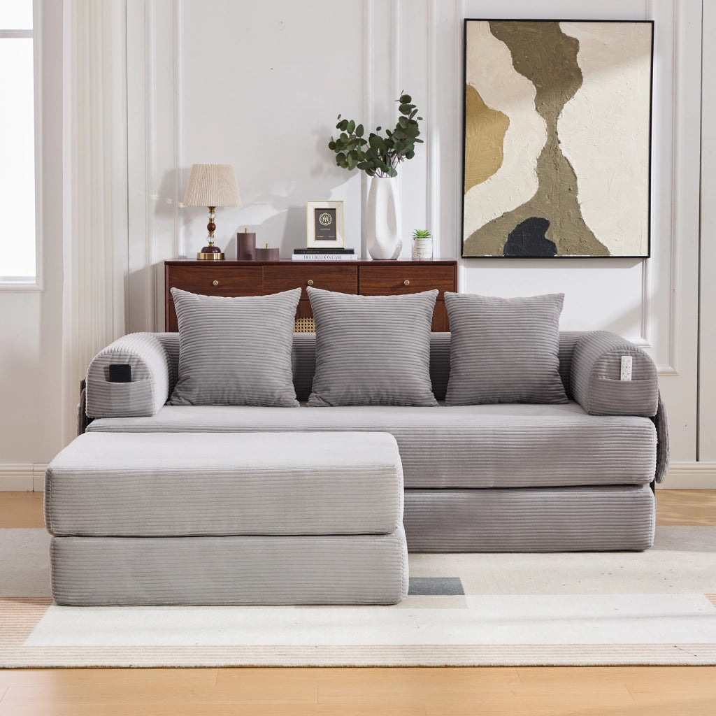 Divano modulare con pouf - Zephmum- Telaio metallico robusto, cuscini comodi, imbottitura extra spessa, combinabile liberamente, colore grigio chiaro