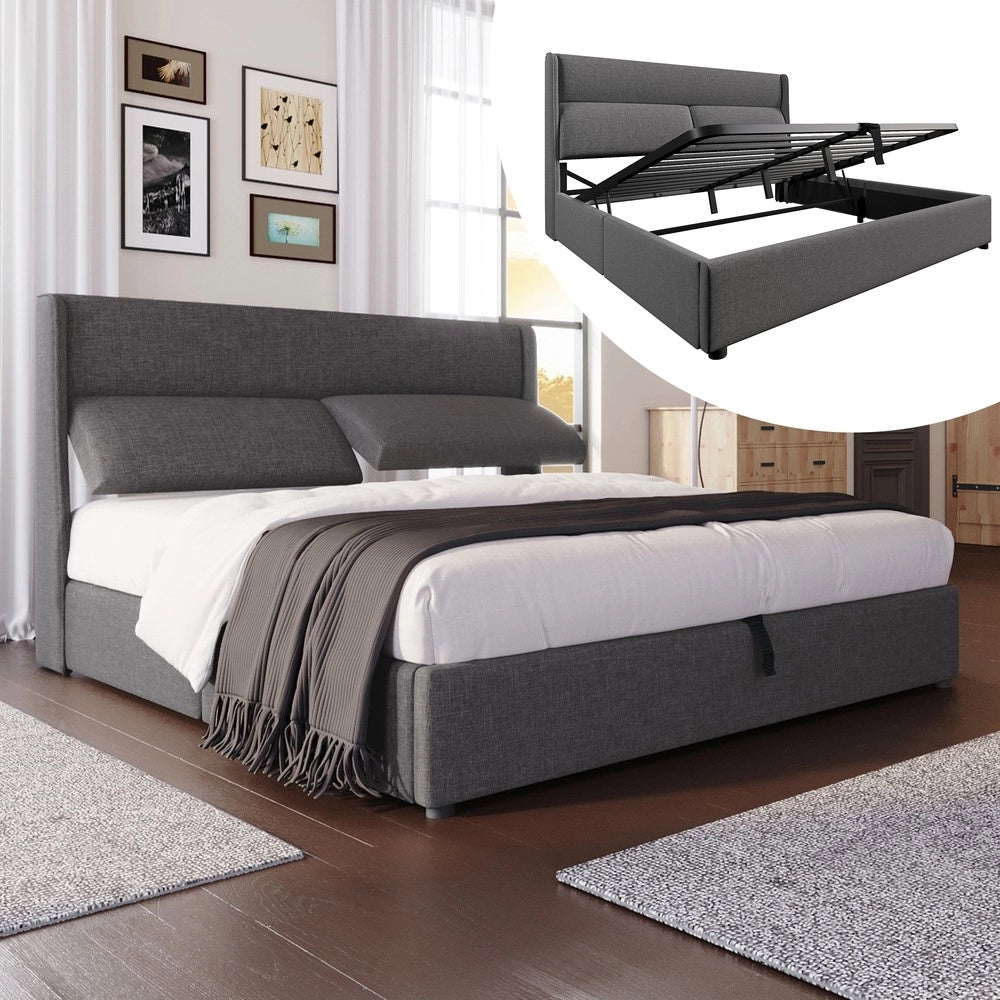 Letto Contenitore Imbottito 140x200 ¨C MINIMAL ¨C Grigio, Tessuto Lino, Metallo, Idraulico, Testiera Regolabile