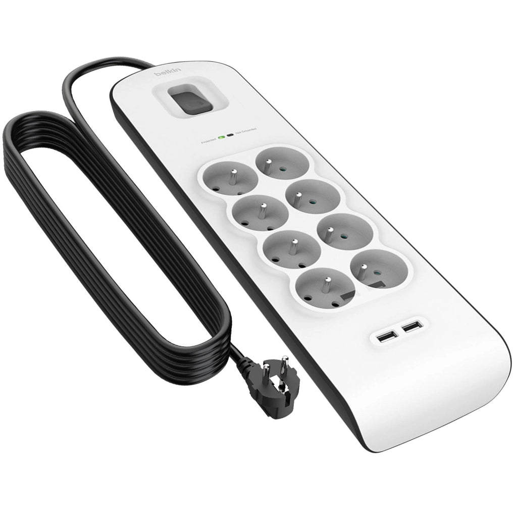 Ciabatta 8 Prese + 2 USB 2,4A Protezione Fulmini con Cavo da 2m Bianco Belkin
