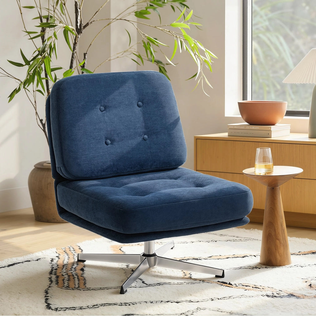 Sedia Girevole da Soggiorno in Tessuto e Metallo ¨C Minimal ¨C Blu Scuro 70x87x84 cm