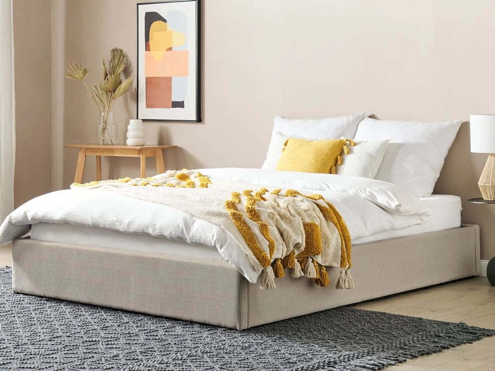 Letto matrimoniale con contenitore Imbottito marrone chiaro Effetto Lino con Box Portaoggetti 160 x 200 cm Design moderno
