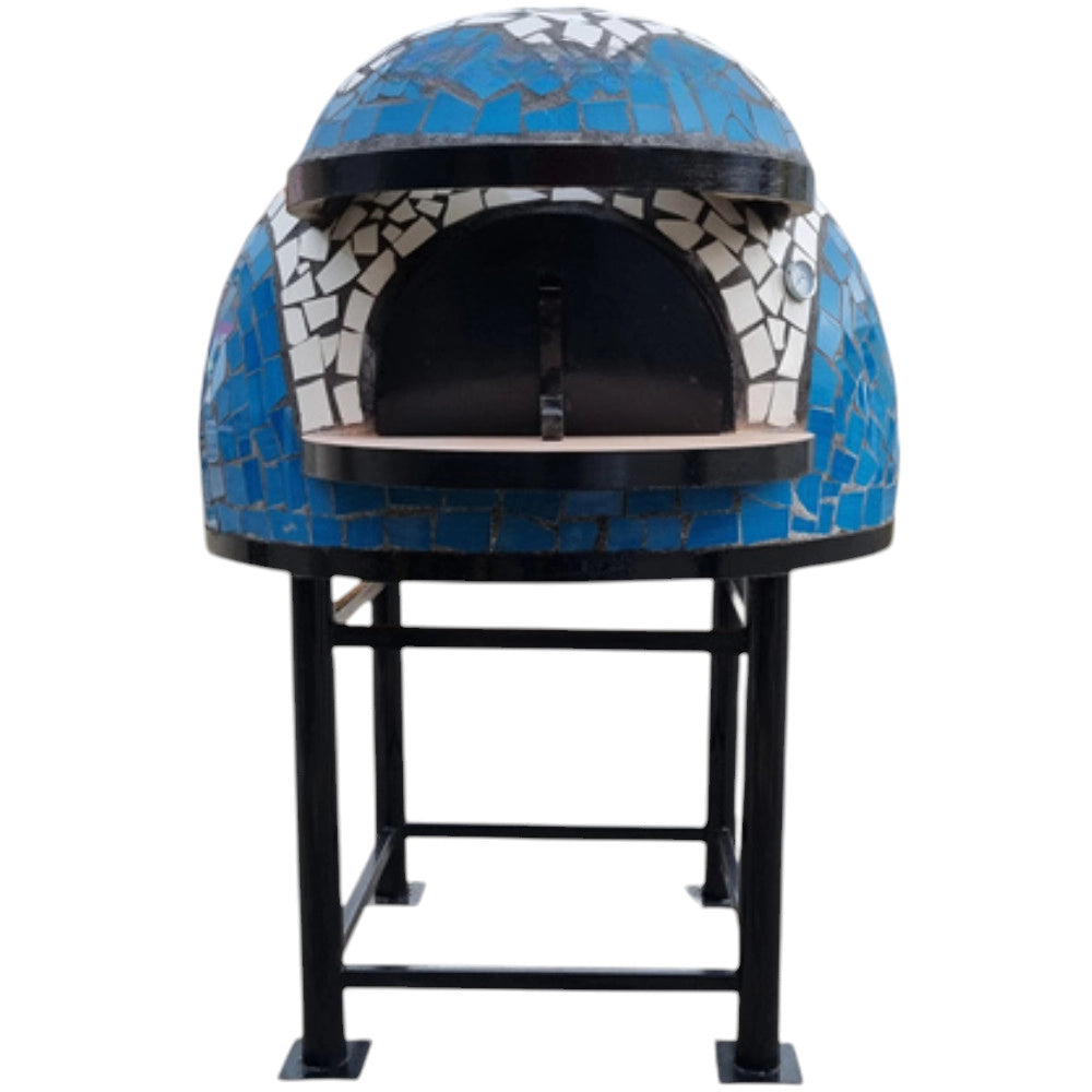 Forno a legna artigianale 120 cm capienza 5 pizze wave bianco azzurro con base