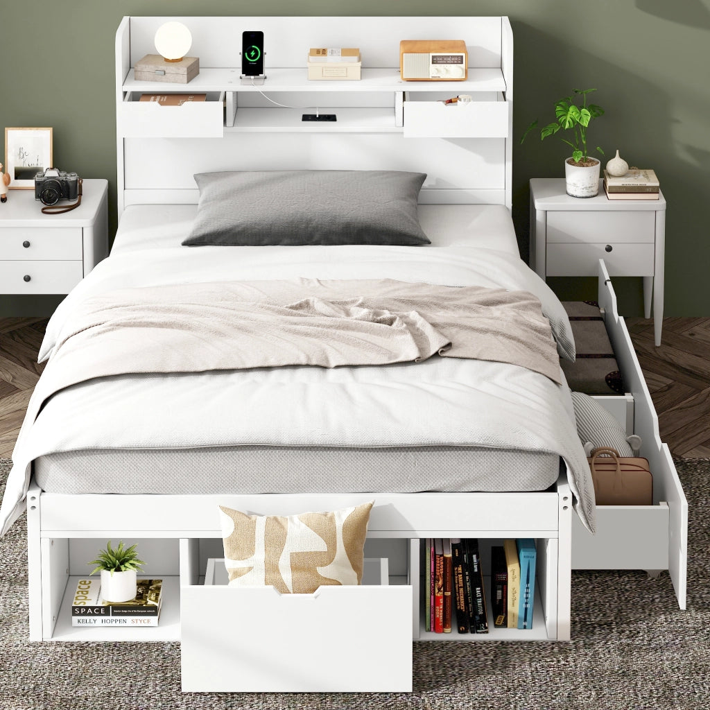 LETTO 90x200 cm Bianco con USB, Type-C, cassetti e vani contenitore