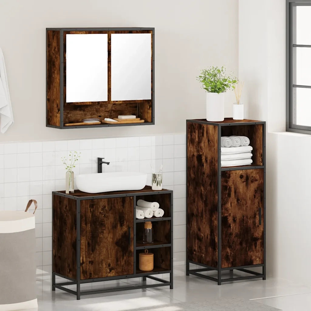 Set Mobili da Bagno 3 pz Rovere Fumo in Legno Multistrato 3300997