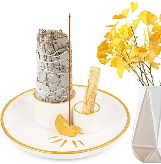 Supporto per incenso 4 in 1, design del mese, con ciotola per incenso Palo Santo, ceramica, supporto per incenso, ciotola per incenso per prodotti per incenso, legno di Palo Santo per incenso, fumo di salvia, yoga, decorazione, meditazione