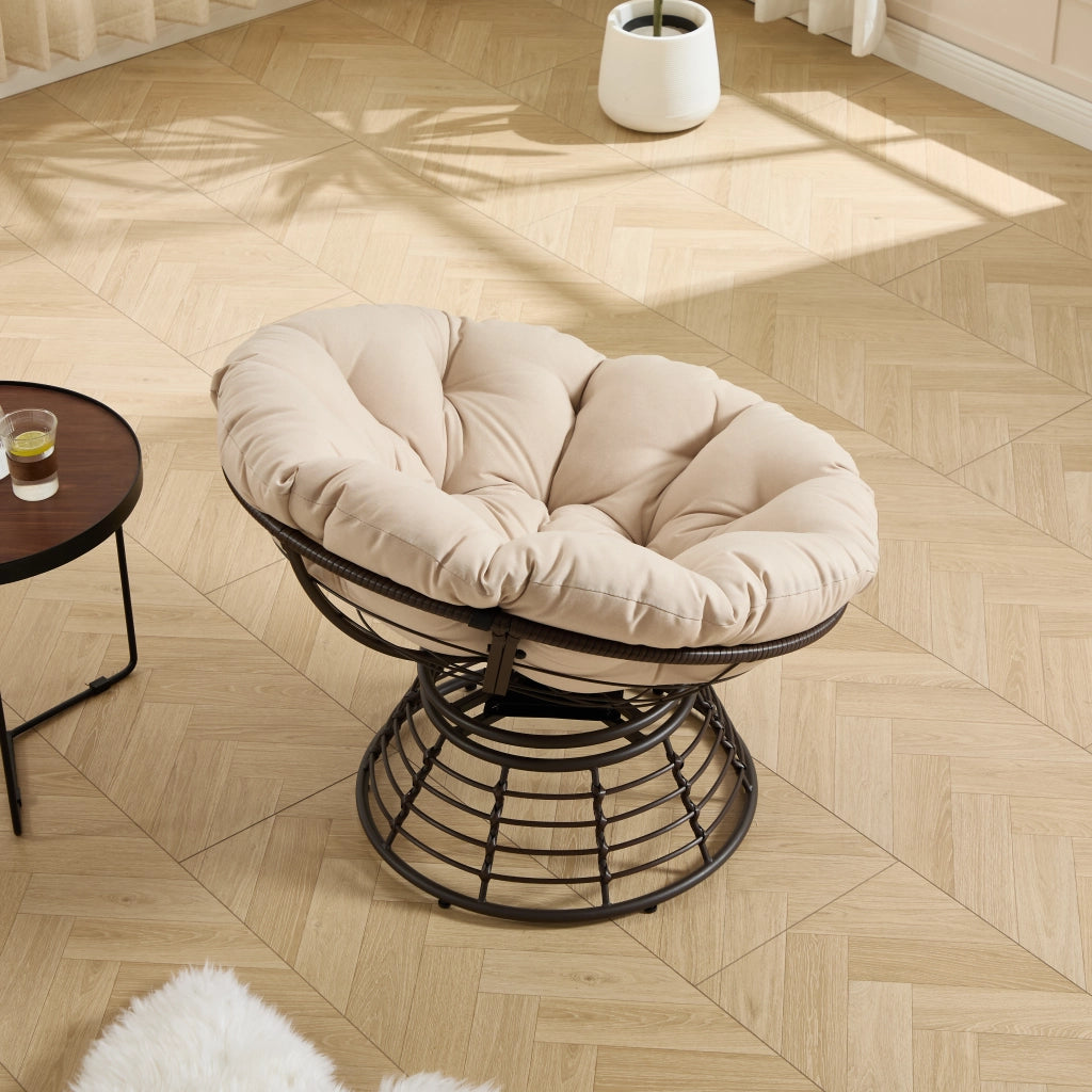 Chaise ergonomique confortable en osier papasan chaise int¨¦rieure ext¨¦rieure pivotante ¨¤ 360¡ã avec coussin ¨¦pais et doux id¨¦ale pour le salon la chambre la salle de lecture cadre marron avec coussin beige