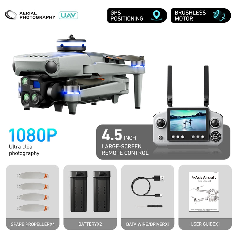 Drone con telecamera PT50 1080P GPS 2 batterie 3.7V 2700mAh 38 min schermo 4.5 zoom 5x doppia camera evitatore ostacoli 90 gradi pieghevole 14+ 300 mt