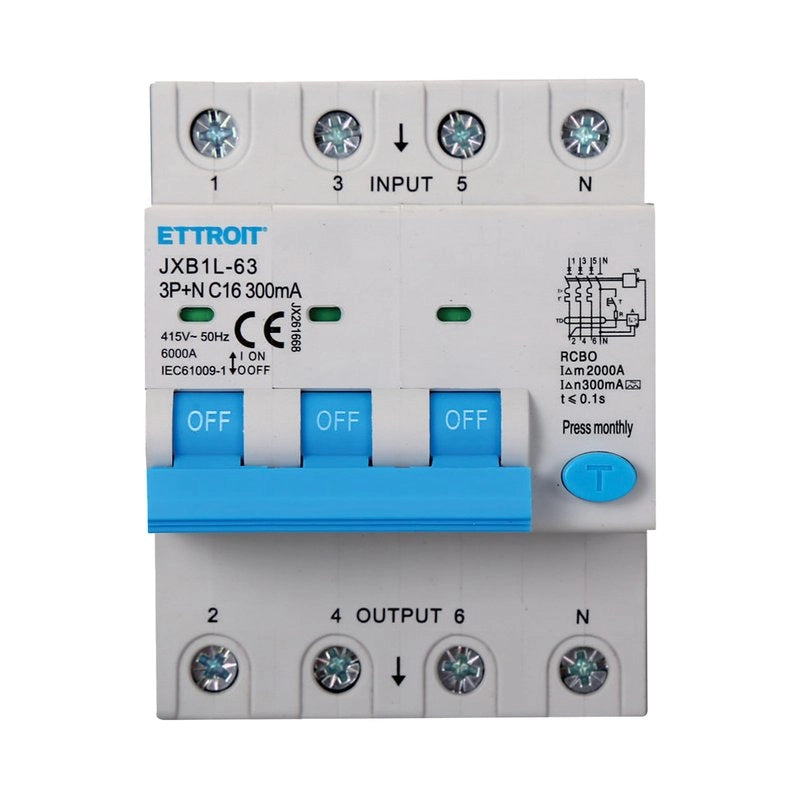 RCBO Interruttore Magnetotermico Differenziale Tipo A Curva C 3P+N 4M 6000A 300mA C16A AC 400V IP20 IEC61009-1