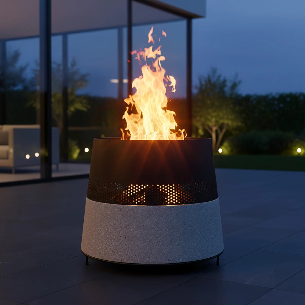 Braciere da Esterno a Legna in MGO e Ferro Verniciato a Polvere, Fire Pit Rotondo con Base Effetto Pietra, Resistente alla Ruggine e al Calore, 56,5 cm