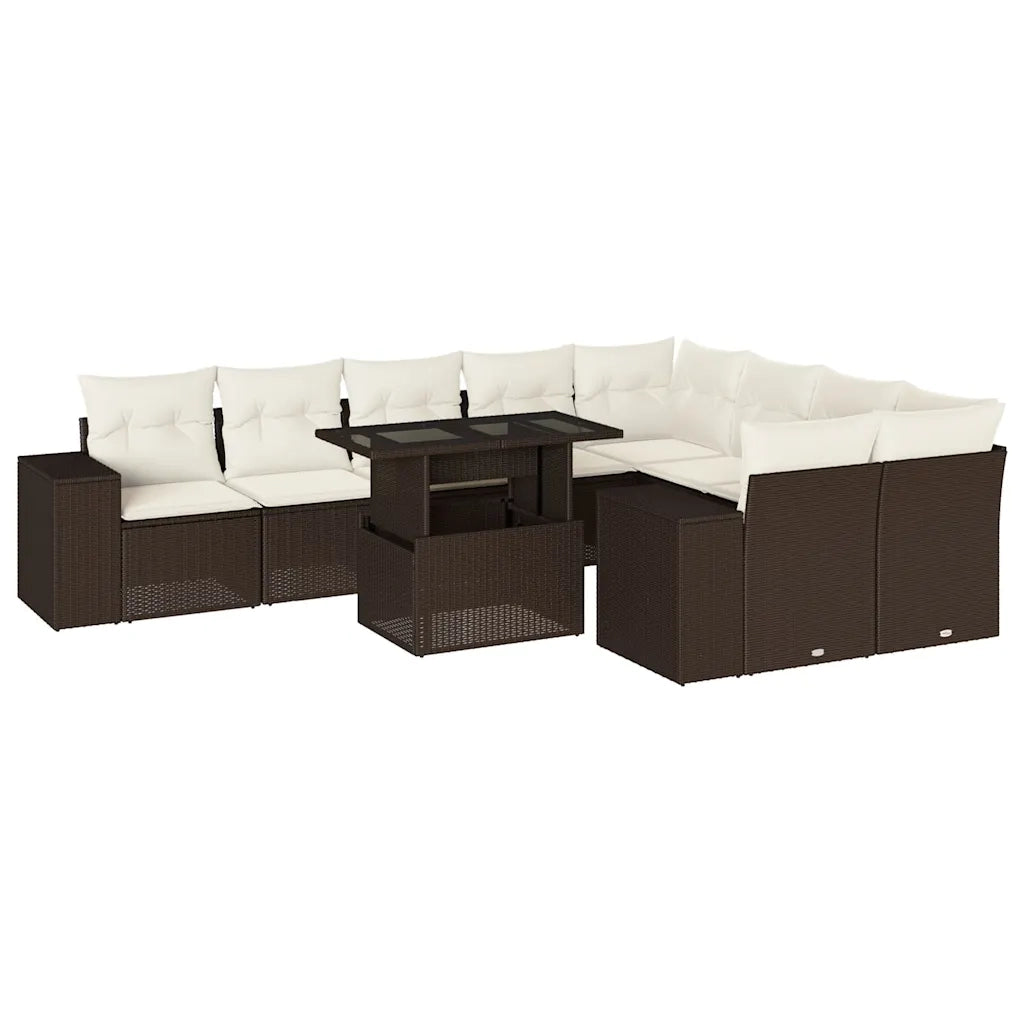 Set Divani da Giardino 10pz con Cuscini in Polyrattan Marrone