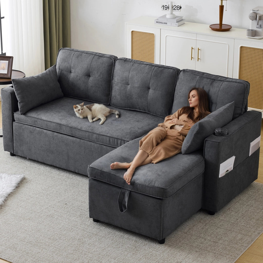 Divano Angolare Letto 3 Posti con Contenitore, Chaise Longue Reversibile, Tasche e Portabicchieri in Cotone Lino Grigio 211 × 130 × 86 cm