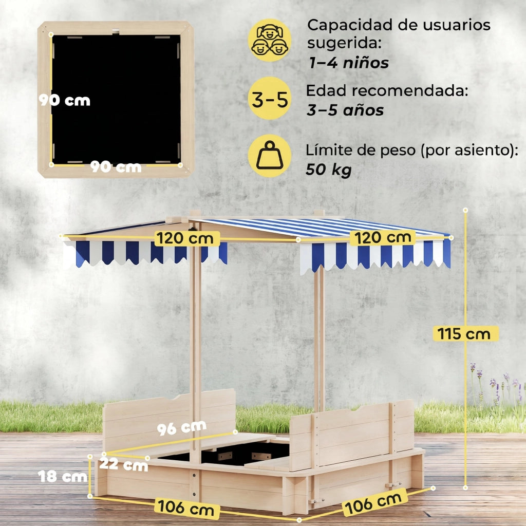Arenero per Bambini con Tettoia Regolabile e Panche ¨C Zephmum ¨C 106x106x115 cm Legno Naturale