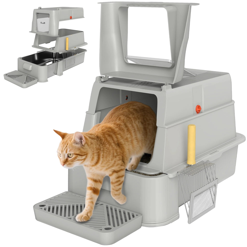 Lettiera per Gatti XL ¨C Xylo ¨C Acciaio Inox con Coperchio Ribaltabile 180¡ã Pareti Alte Grigio Chiaro
