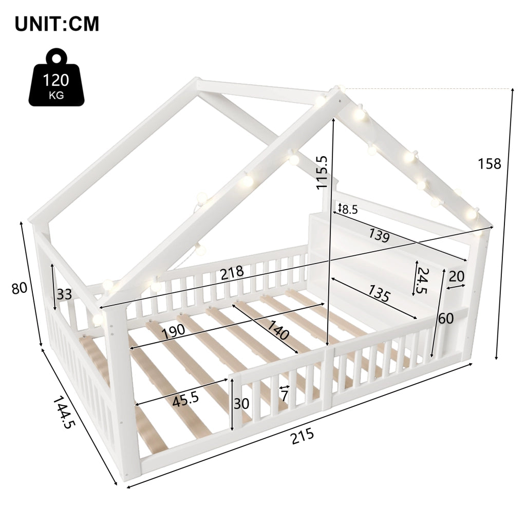 OKWISH Letto Bambini 140×190 cm, Letto Singolo con Sponde, LED e Mensole, senza Materasso, in Pino e MDF, Bianco