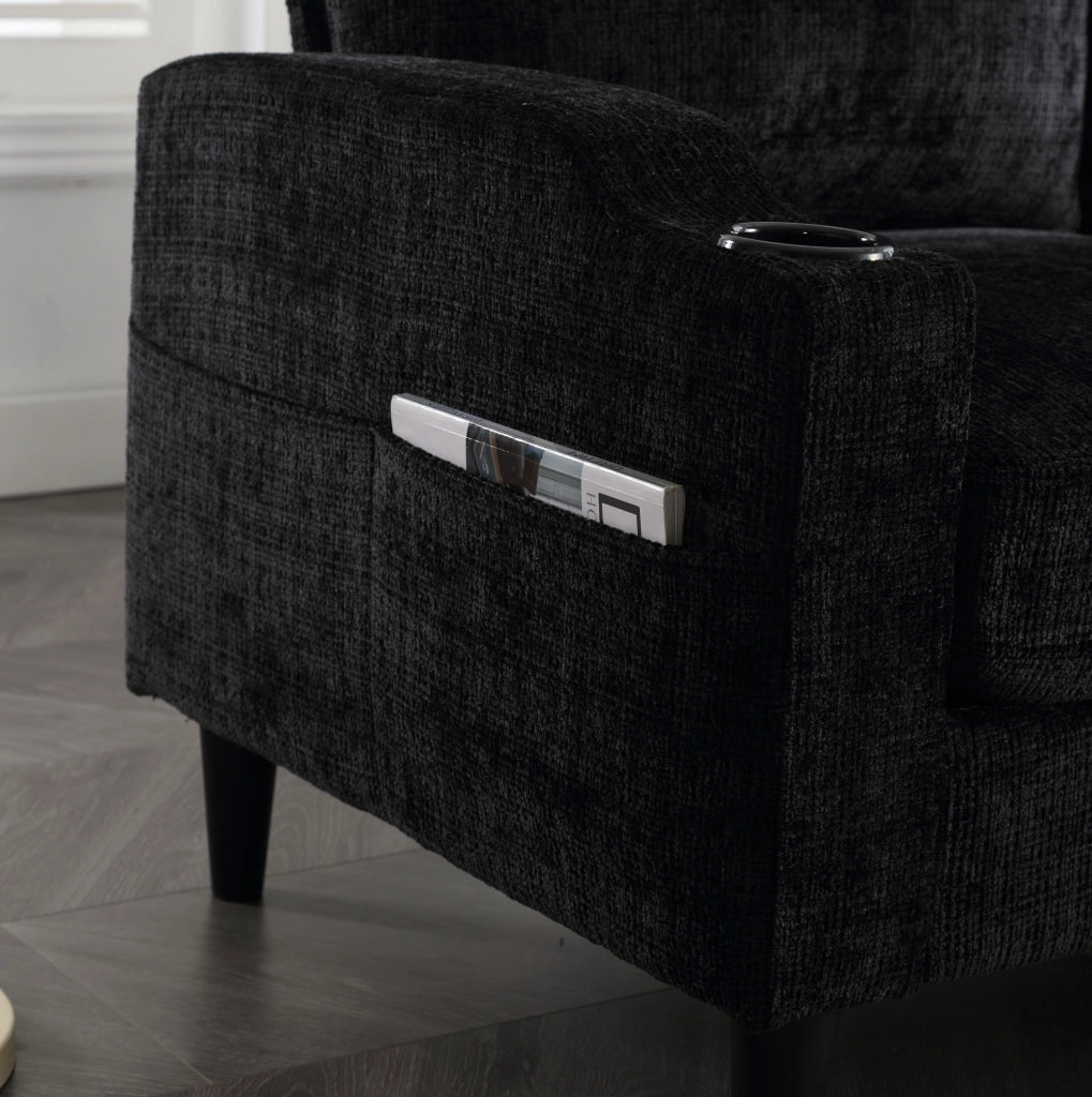 Divano 4 posti con pouf contenitore e portabicchieri 196;5x75x77 cm; chenille nero