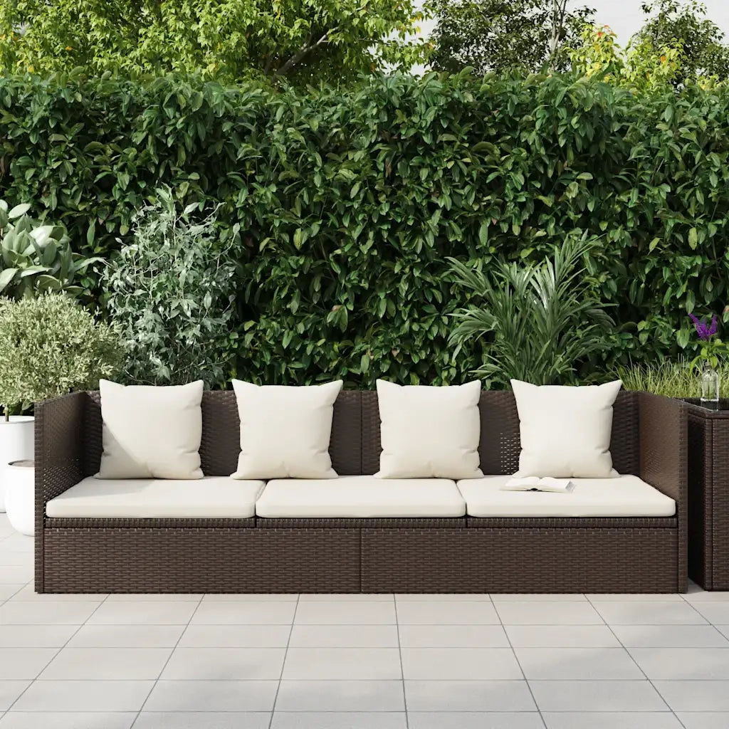 Lettino da Giardino con Cuscini in Polyrattan Marrone