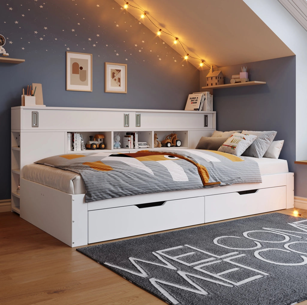 Letto giorno singolo 90x190 cm con 2 cassetti; armadio e ripiani; bianco