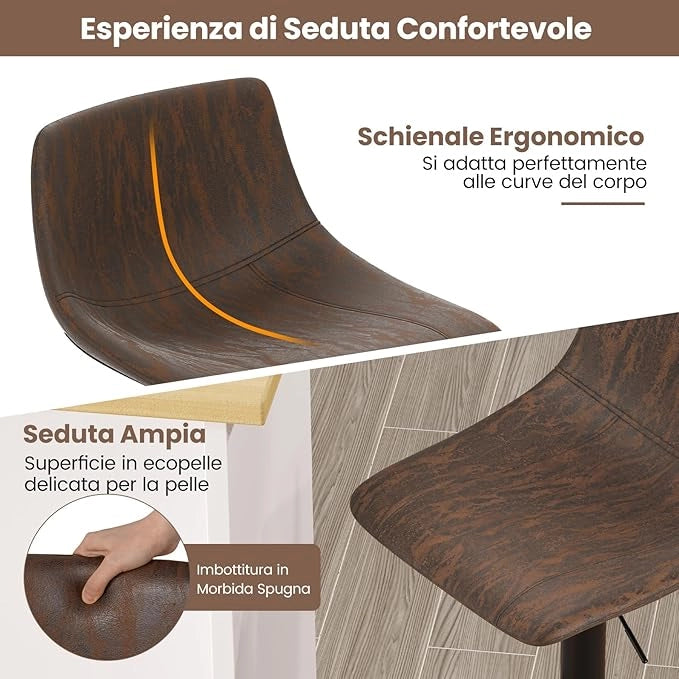 Set di 2 Sgabelli da Bar Moderno, Regolabile e Girevole a 360°, Sgabelli da Cucina con Schienale e Poggiapiedi, Sgabello Struttura in Metallo Stile Vintage da Casa, Marrone Rustico