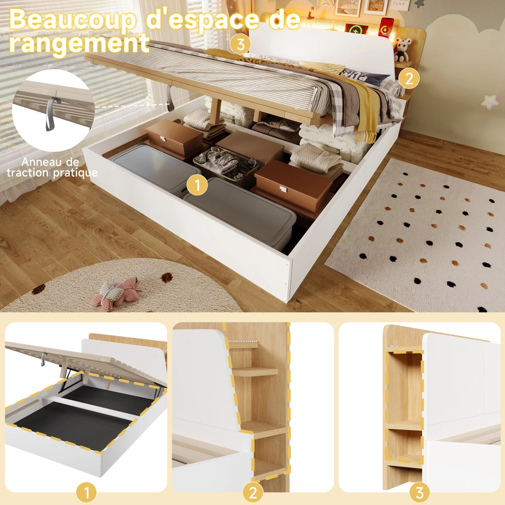 Letto contenitore 140×200 cm; letto matrimoniale con sollevamento idraulico; USB Type-C e LED; senza materasso; in pino; bianco e naturale