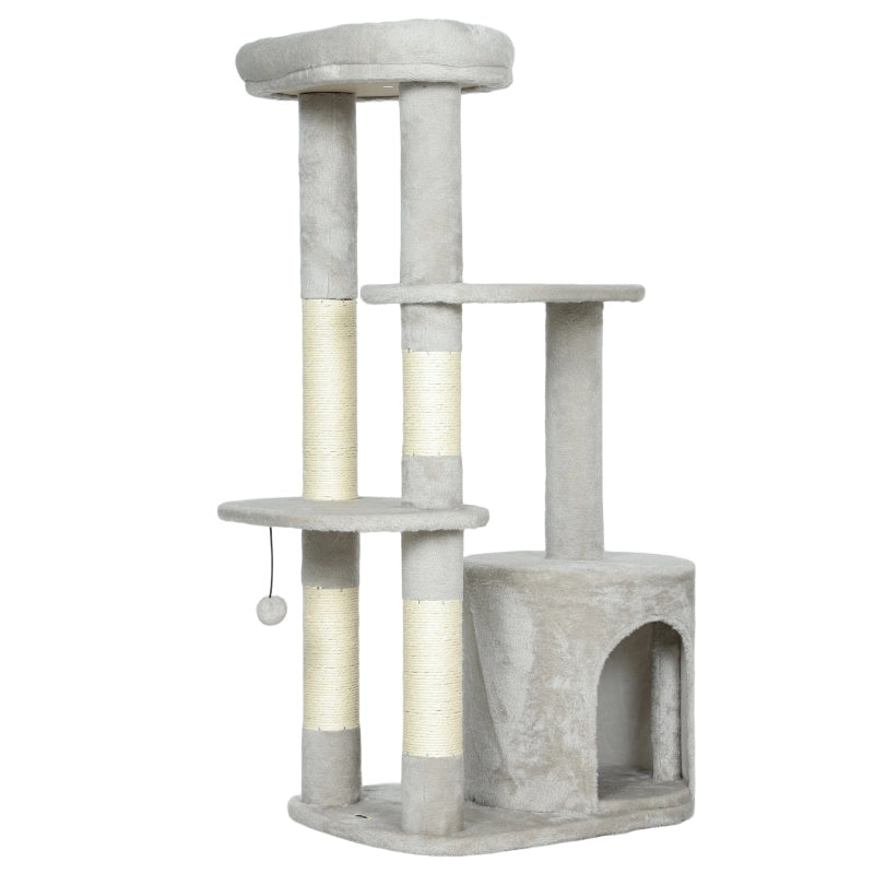 TIRAGRAFFI per gatti 114 cm con piattaforme, sisal e casetta, grigio chiaro
