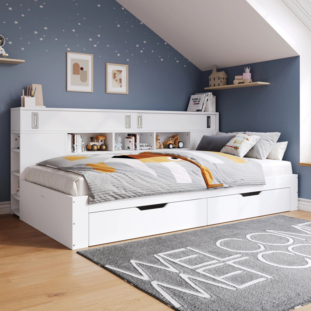 Letto giorno singolo 90x190 cm con 2 cassetti; armadio e ripiani; bianco