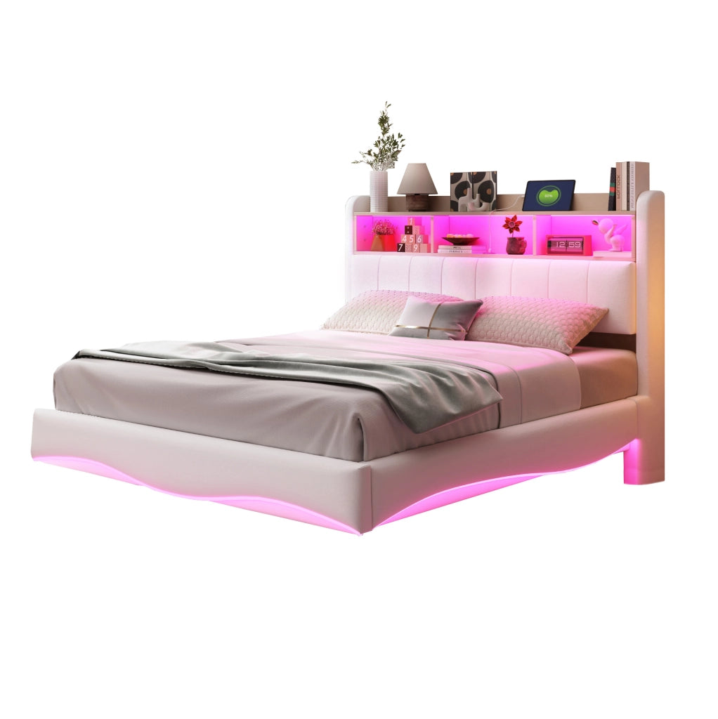 Letto matrimoniale imbottito sospeso 140x200 cm con LED; USB e Type-C; beige