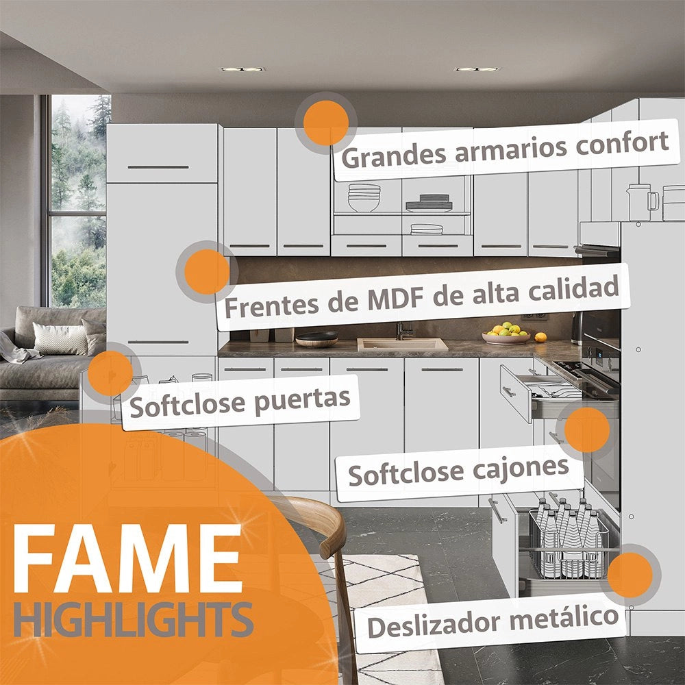 Cucina completa Fame-Line Bianco rustico/Antracite 140 cm, PL Antracite Vicco