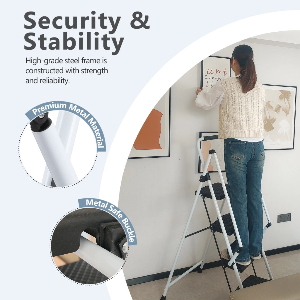 Scala, sgabello pieghevole con scala, con ampi pedali antiscivolo, scala in acciaio, con maniglia di sicurezza antiscivolo, sgabello portatile leggero