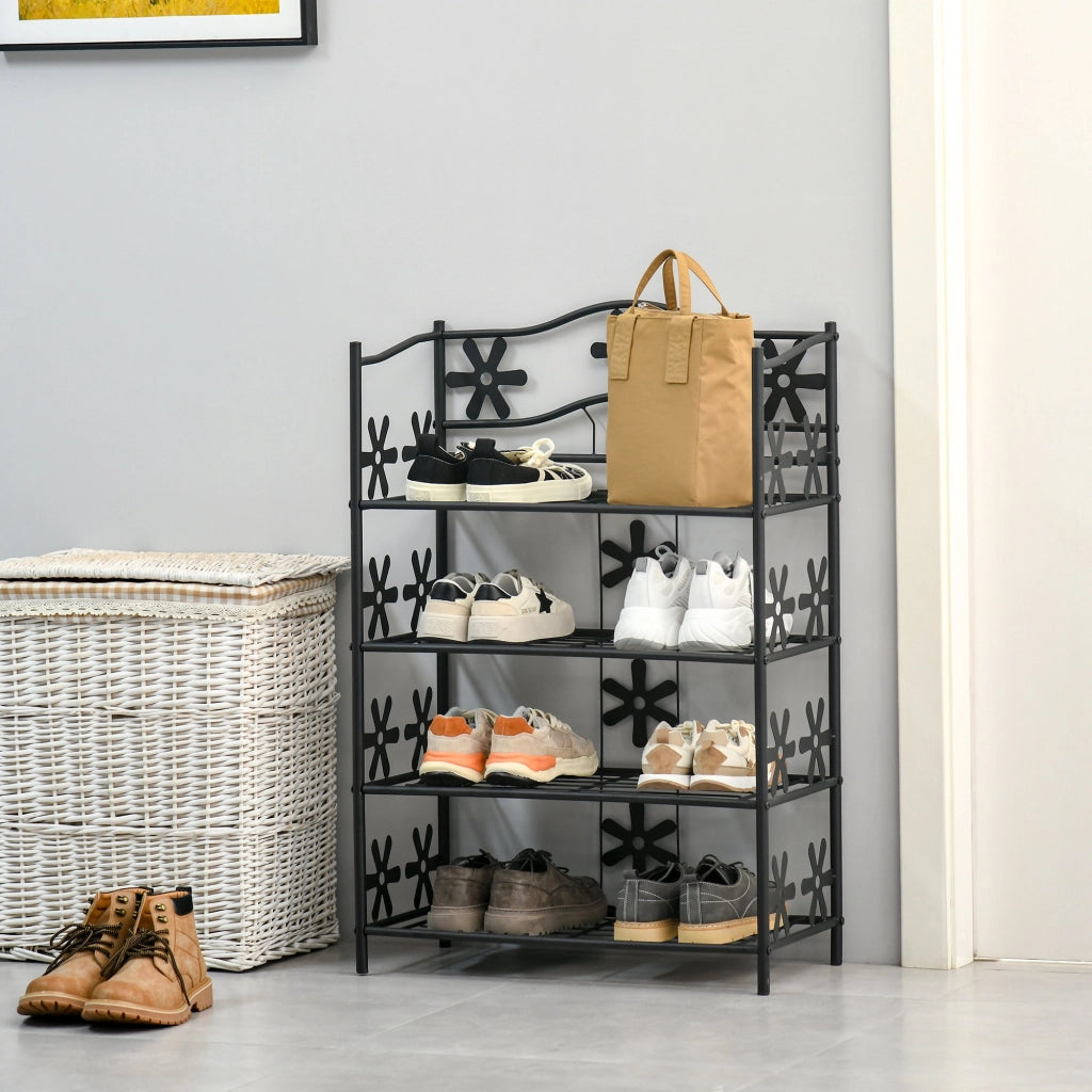 Scarpiera piccola, portafiori salvaspazio, supporto per piante, mensola autoportante, 4 ripiani, metallo, nero, 59,5 x 30 x 92 cm