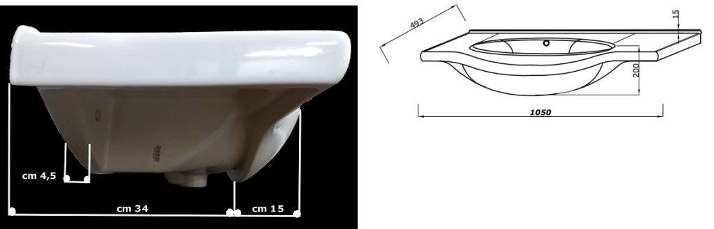 LAVABO INTEGRALE PER BAGNO IN CERAMICA PER MOBILE BASE CM.105