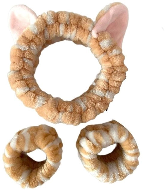 Accessori per capelli, compreso un fascia e due elastici, accessori elastici per capelli, guanto di peluche per gatto, adatto per il lavaggio del viso e la rimozione del trucco