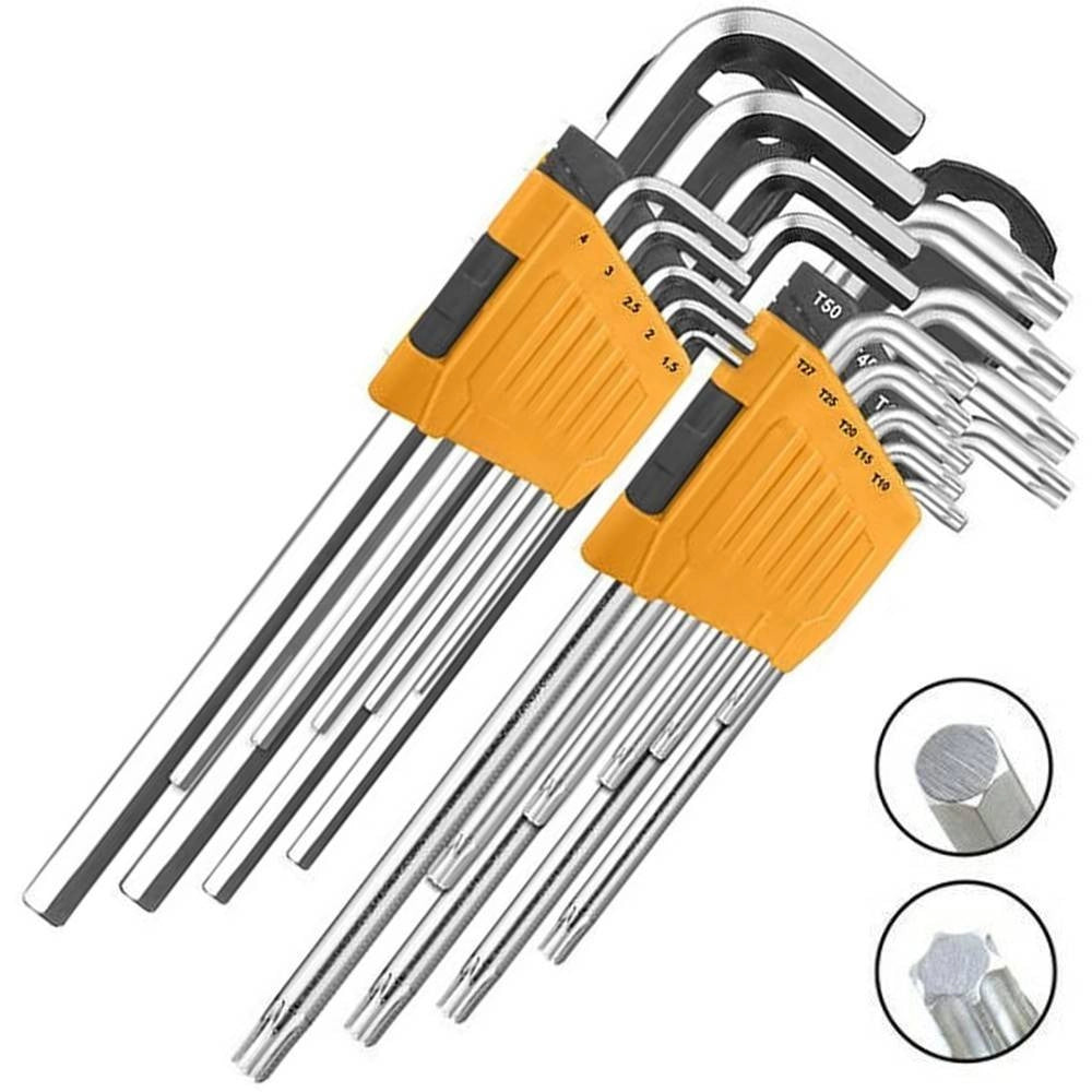 Trade Shop - Set Kit Combo 18 Chiavini 9 Torx Forati T10-t50 Brugola + 9 Esagonali 1,5 A 10mm -
