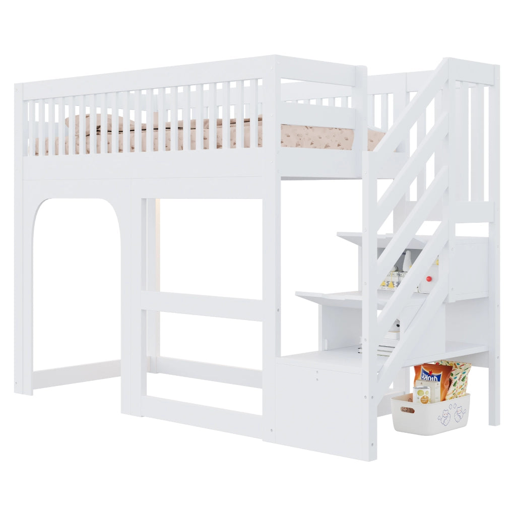 LETTO a soppalco per bambini 90x200 cm in legno bianco con scale contenitore e LED
