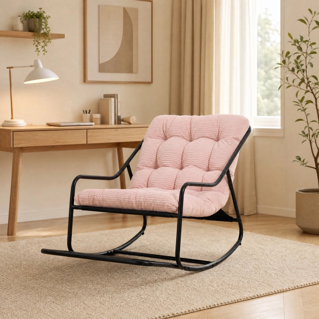 Sedia a dondolo da esterno con cuscino spesso; struttura in acciaio nero e seduta rosa 75x116x82 cm