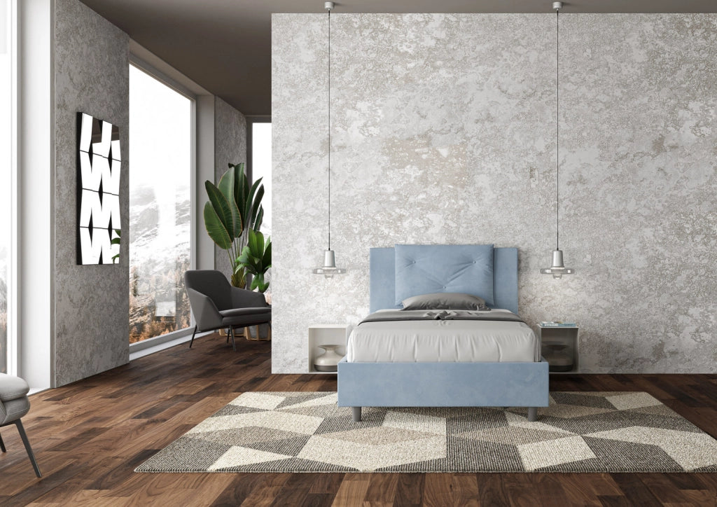BS COM Letto una piazza e mezza con rete imbottito 110x210 microfibra azzurro