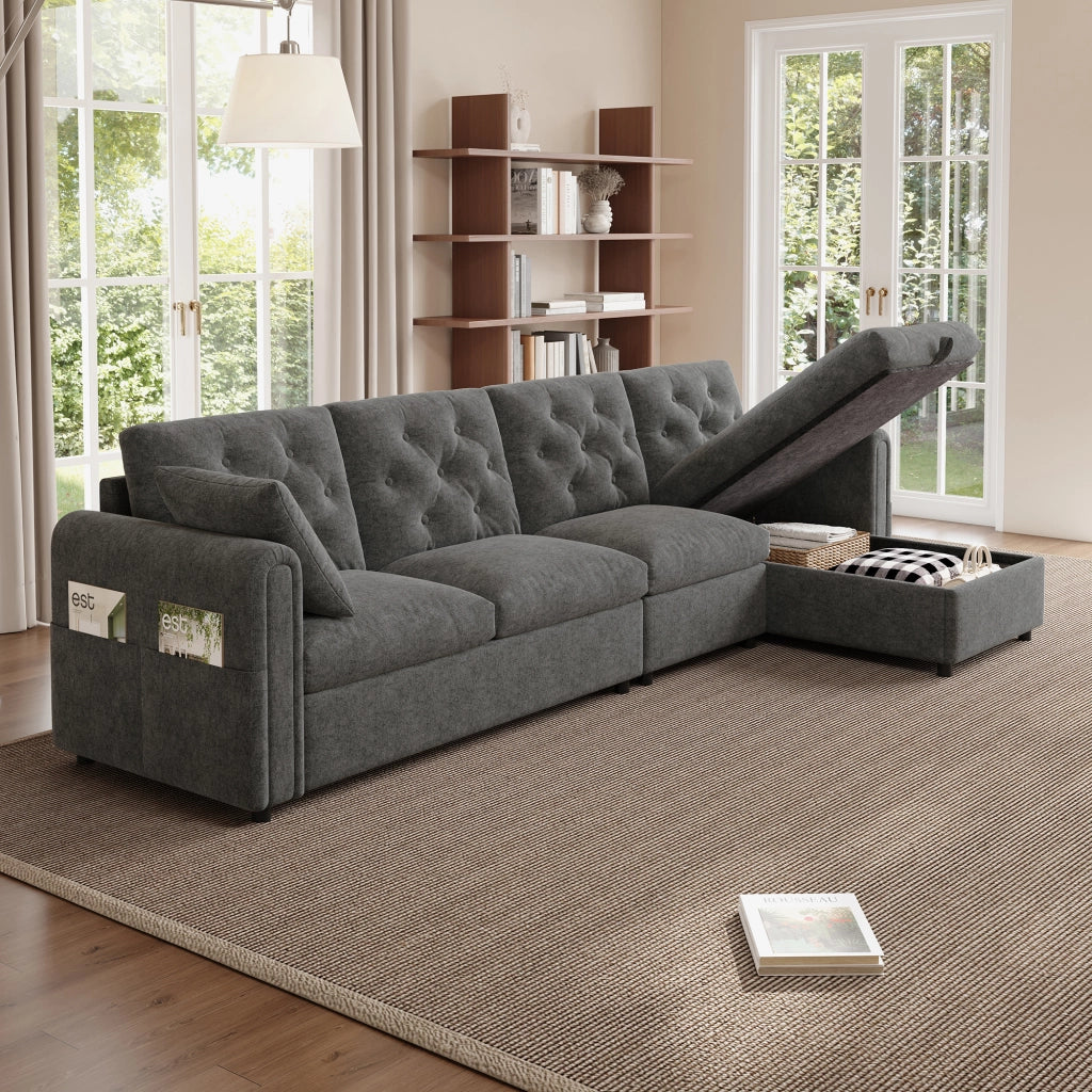 Divano angolare in velluto moderno - Zephmum - 281¡Á86¡Á71 cm - Grigio - Con contenitore, schienale con bottoni