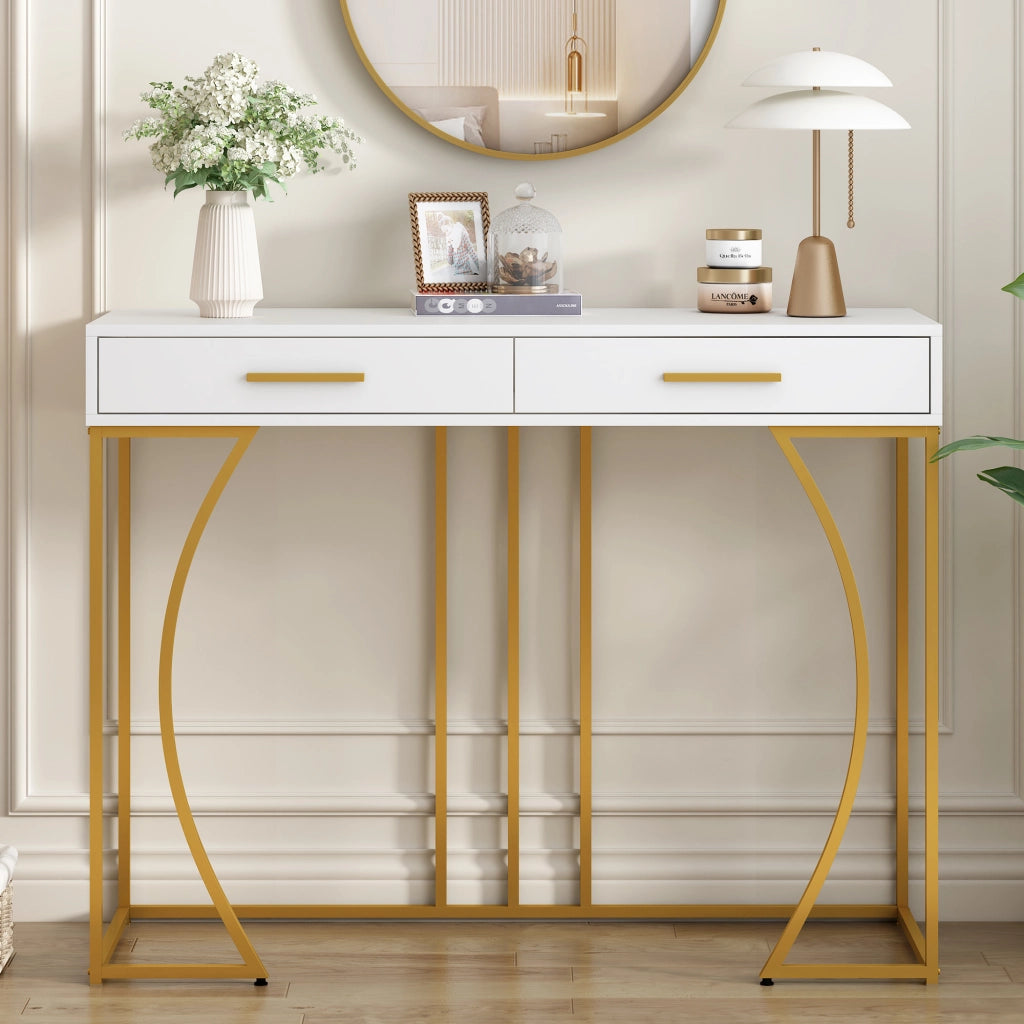 Consolle, tavolino da ingresso con 2 cassetti, tavolino laterale leggero ed elegante, tavolino da divano, 110x32x85 cm, bianco/oro