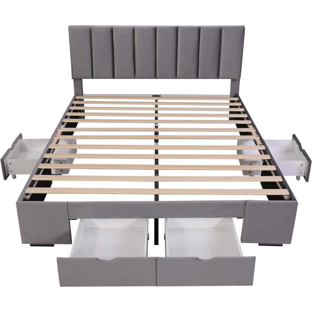 DESMIU Letto imbottito 160 × 200 cm 2 posti con 4 cassetti, testiera regolabile, senza materasso, in velluto grigio