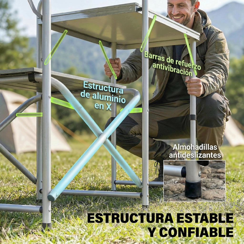 Mobile Cucina Pieghevole da Campeggio ¨C Xylo ¨C 3 Tavoli 4 Ganci Verde 172x48x130cm