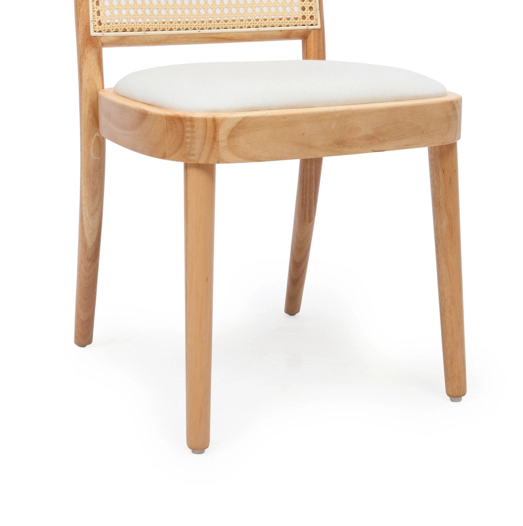 Set di 2 sedie da pranzo in legno massello con schienale in rattan e seduta in lino; color legno