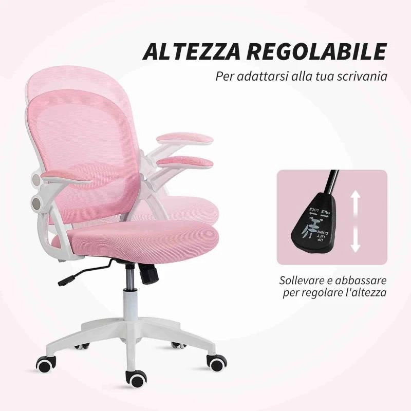 SEDIA DA UFFICIO ERGONOMICA E REGOLABILE CON SCHIENALE A RETE E SEDUTA IMBOTTITA, 65.5X61.5X88-97.5 CM, ROSA