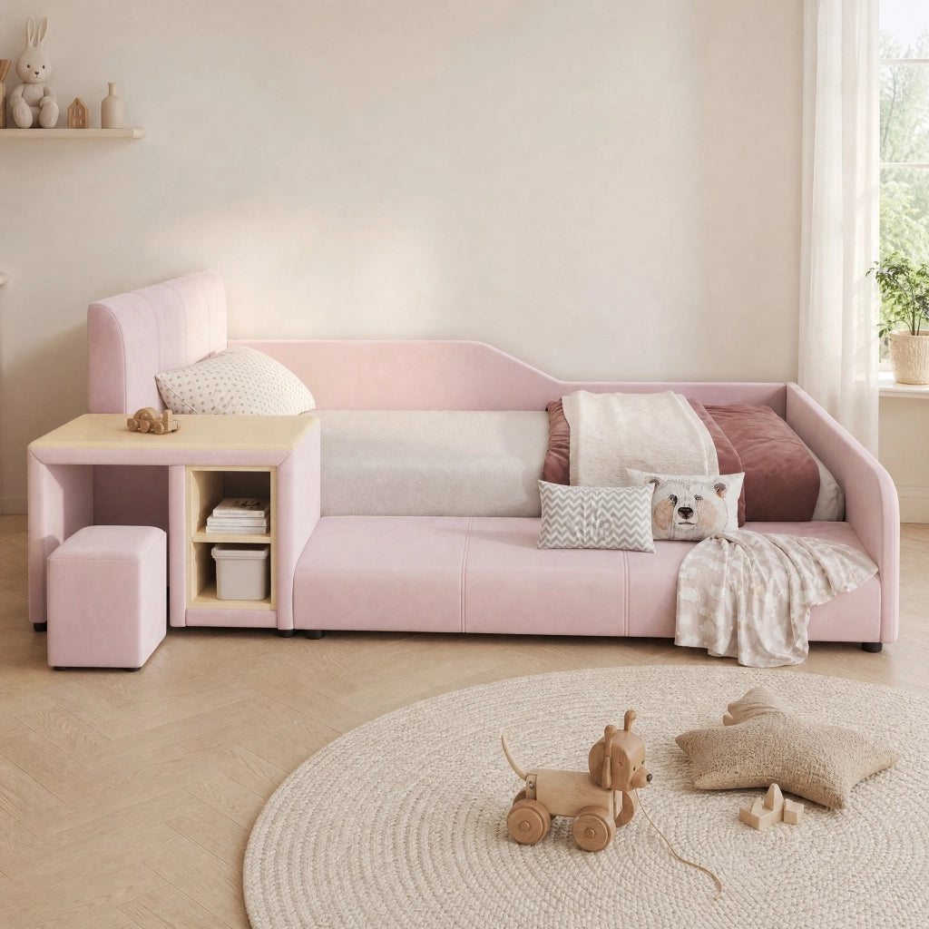 LETTO singolo 90x200 cm in velluto rosa con scrivania, sgabello e ripiano