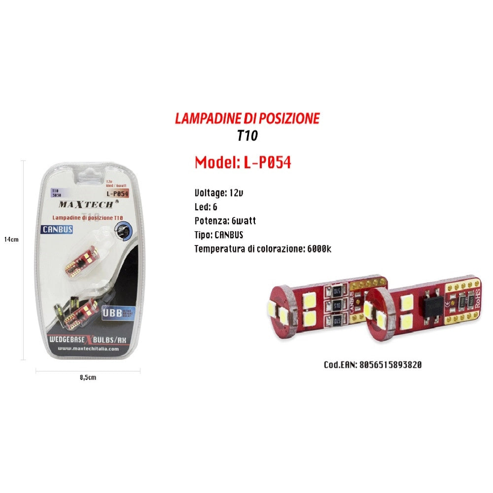 Trade Shop - Lampadine Di Posizione Canbus Maxtech L-p054 12v 6led 6w 6000k Ultra Luminose -