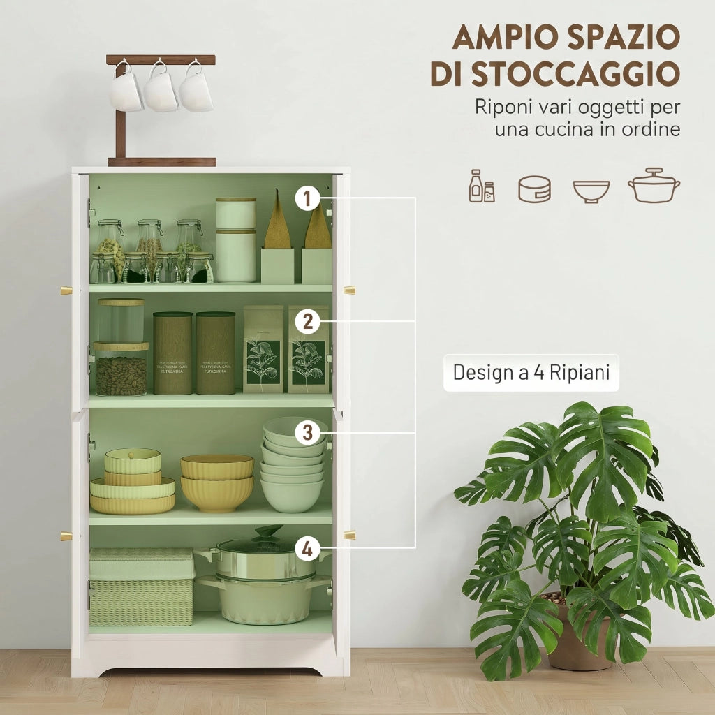 Credenza da Cucina 60x30x110 cm con 2 Armadietti 4 Ante 2 Ripiani Regolabili in Legno Bianco