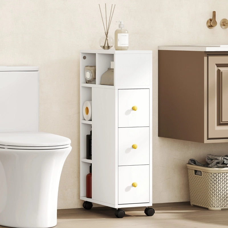 Mobiletto da bagno stretto, con 4 ruote, 3 cassetti, 5 vani a giorno, 20x40x80 cm, bianco.