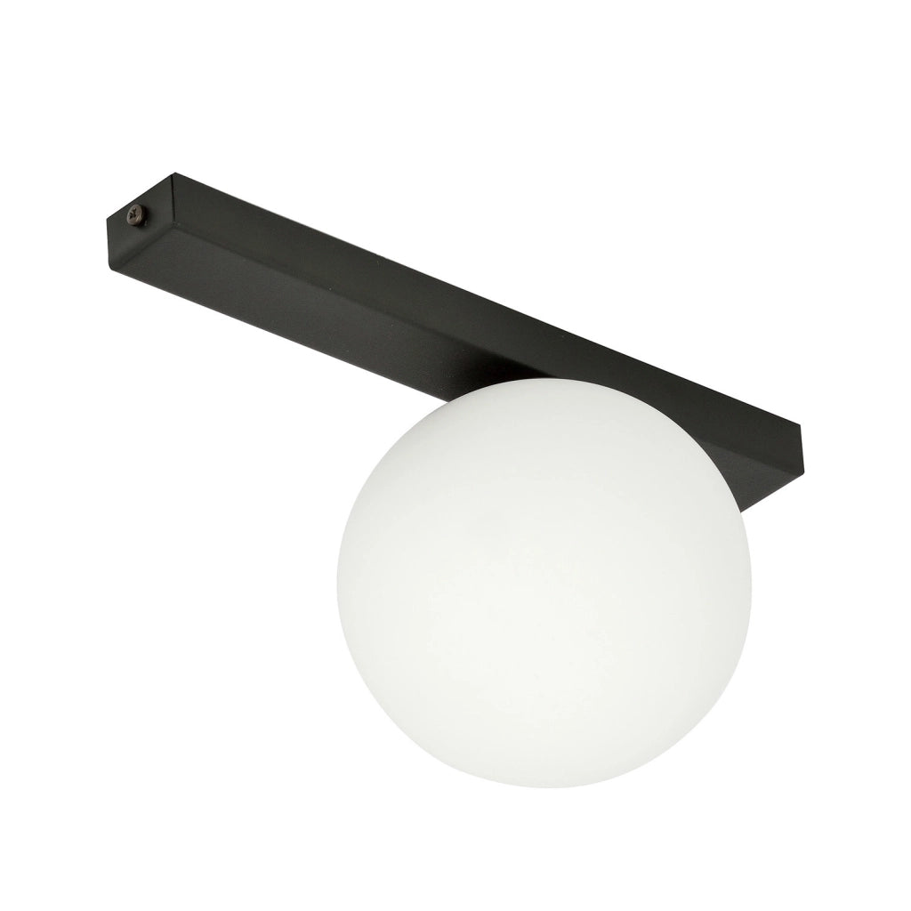 Plafoniera Moderna 1 Luce Giapeto Barra In Acciaio Nero E Sfera Di Vetro Opale