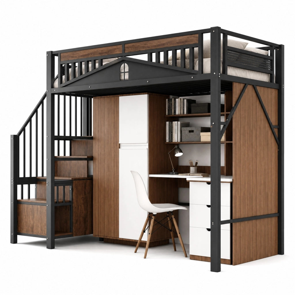 Letto a soppalco in metallo 90 x 200 cm con scala e spazio contenitivo