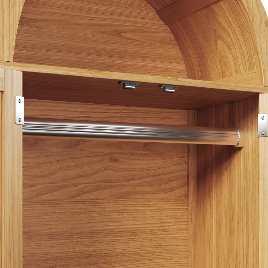 Armadio con 2 cassetti; vano aperto semicircolare e barra appendiabiti; MDF e metallo; effetto rovere; 181 x 78 x 45 cm