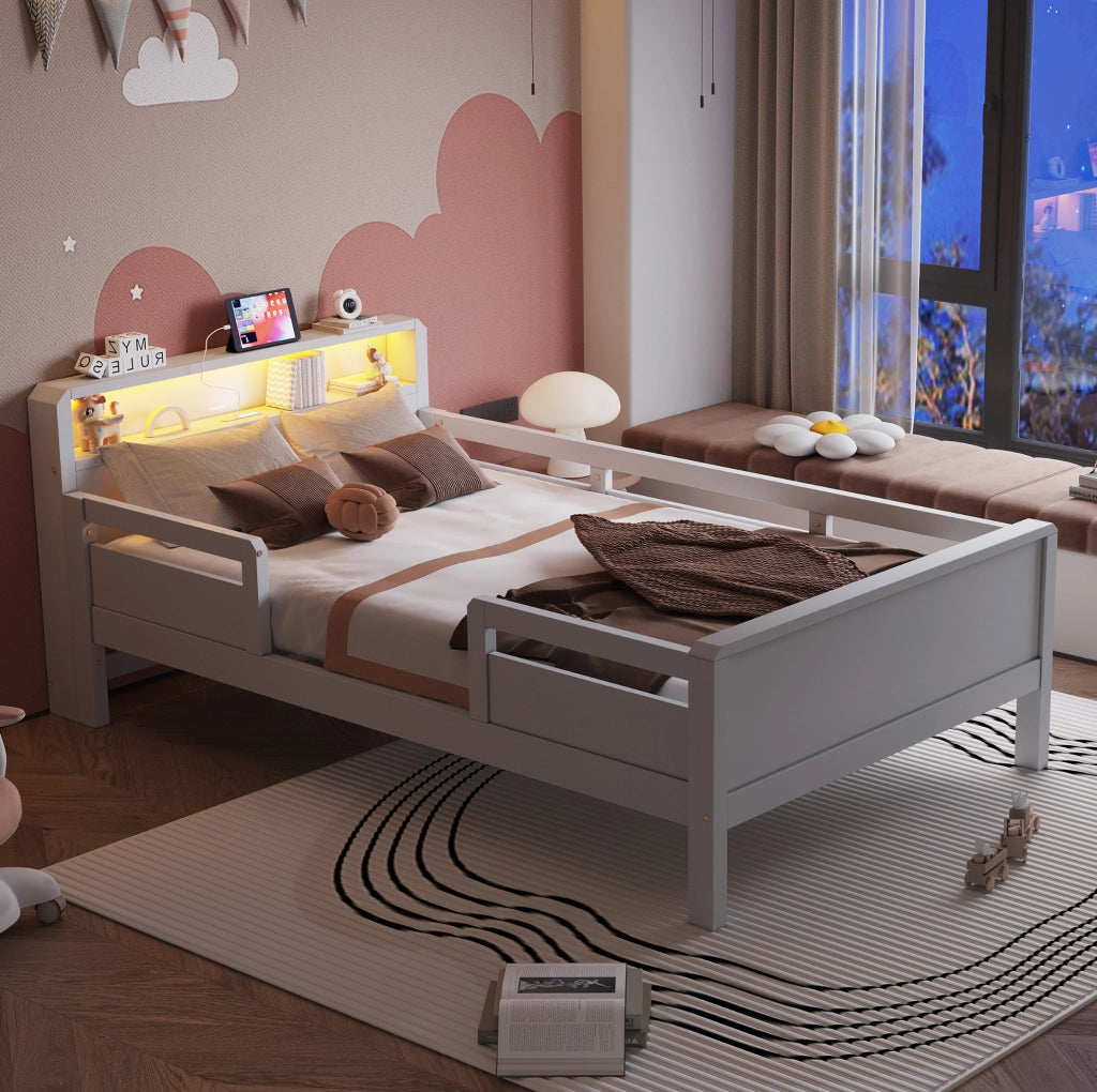 Letto singolo per bambini 90x200 cm con LED, USB-C e testiera con vano